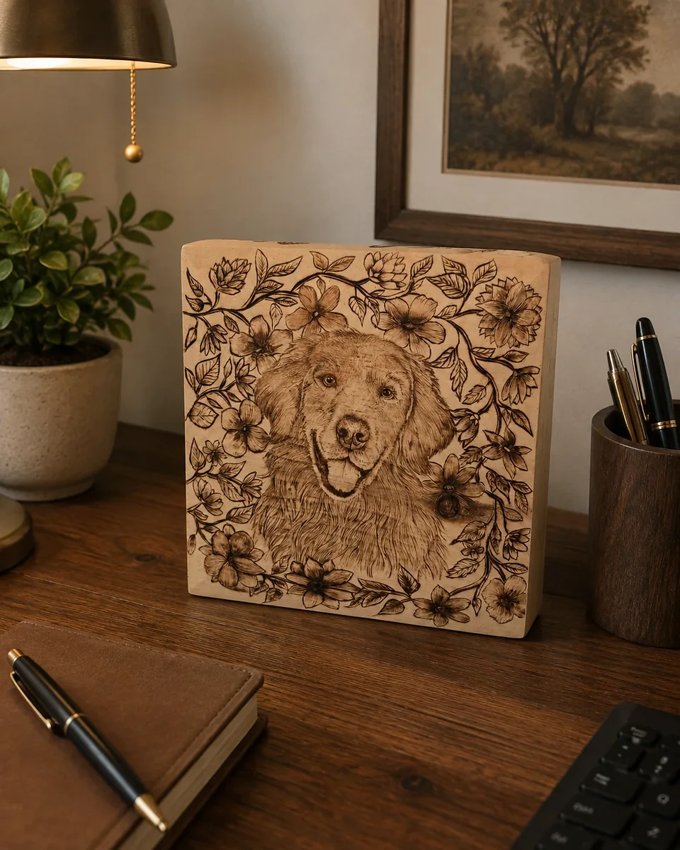 A pyrography portrait of a dog, burned into a wood panel